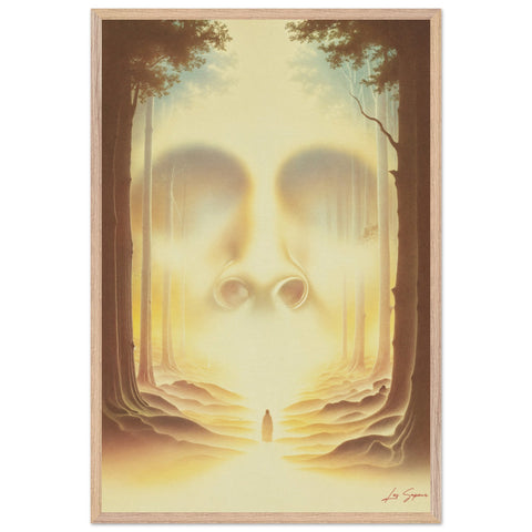  Fine art print depicting a person walking through a parting forest, with bright light shining down as they pass through the opening. The sky is aglow with powerful lights, casting an ethereal radiance on a blank, expressionless face, symbolizing an unknown journey or transformation