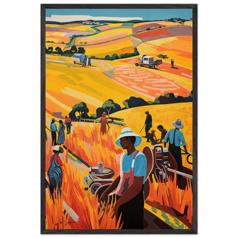 Fine art depiction of proud Jamaican farmers standing tall in golden fields that stretch into the distance, with rolling hills softly undulating in the background. The warm, golden tones of the crops contrast beautifully with the farmers' vibrant attire, symbolizing strength, heritage, and the connection to the land.