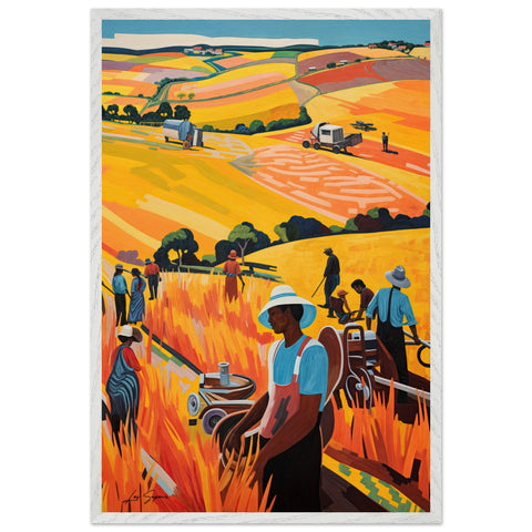Fine art depiction of proud Jamaican farmers standing tall in golden fields that stretch into the distance, with rolling hills softly undulating in the background. The warm, golden tones of the crops contrast beautifully with the farmers' vibrant attire, symbolizing strength, heritage, and the connection to the land.