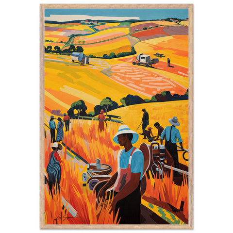 Fine art depiction of proud Jamaican farmers standing tall in golden fields that stretch into the distance, with rolling hills softly undulating in the background. The warm, golden tones of the crops contrast beautifully with the farmers' vibrant attire, symbolizing strength, heritage, and the connection to the land.