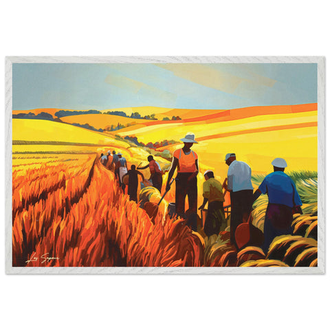 A fine art representation of farmers in Jamaica, standing confidently in golden yellow and orange fields that extend into the horizon, set under a bright blue sky, highlighting the rich agricultural heritage of the region.