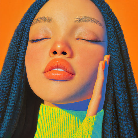 Modern digital close-up portrait of a woman resting her face on her hand, set against a bold neon orange background and complementary tones