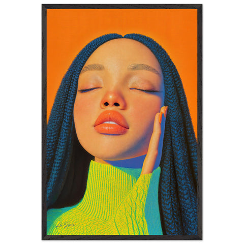 Fine art modern digital close-up portrait of a woman resting her face on her hand, set against a bold neon orange background and complementary tones