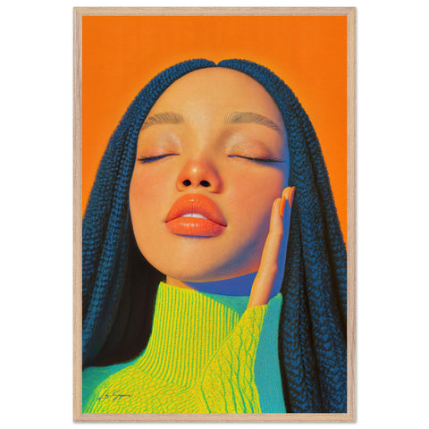 Modern digital close-up portrait of a woman resting her face on her hand, set against a bold neon orange background and complementary tones