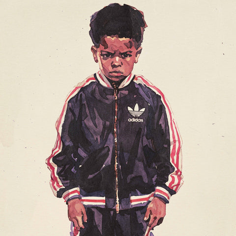 Fine art print of a young Harlem kid standing confidently, facing the viewer in a black Adidas tracksuit with white and red accents, paired with matching white Adidas shoes. His shadow stretches across the solid white backdrop, adding depth and contrast to the composition.