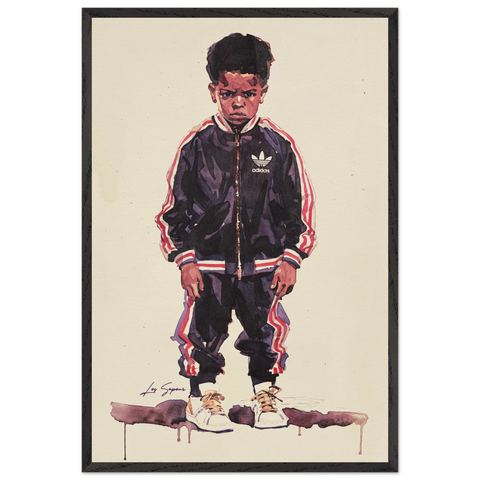 Fine art print of a young Harlem kid standing confidently, facing the viewer in a black Adidas tracksuit with white and red accents, paired with matching white Adidas shoes. His shadow stretches across the solid white backdrop, adding depth and contrast to the composition.