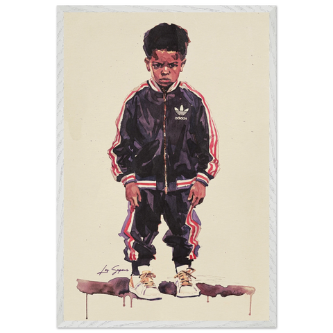 Fine art print of a young Harlem kid standing confidently, facing the viewer in a black Adidas tracksuit with white and red accents, paired with matching white Adidas shoes. His shadow stretches across the solid white backdrop, adding depth and contrast to the composition.