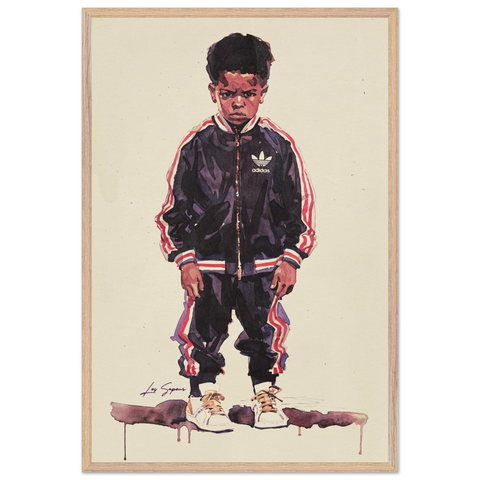 Fine art print of a young Harlem kid standing confidently, facing the viewer in a black Adidas tracksuit with white and red accents, paired with matching white Adidas shoes. His shadow stretches across the solid white backdrop, adding depth and contrast to the composition.