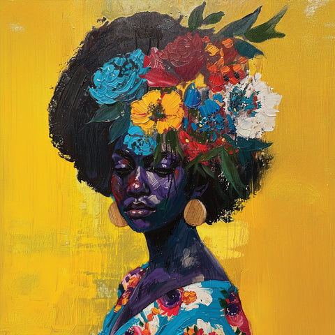 Ultra fine art on canvas showcasing a woman from a three-quarter perspective, her afro adorned with a colorful flower bouquet. Dressed in a floral-patterned dress, she sits against a vivid yellow backdrop, creating a harmonious, cheerful atmosphere that emphasizes her connection to nature and beauty