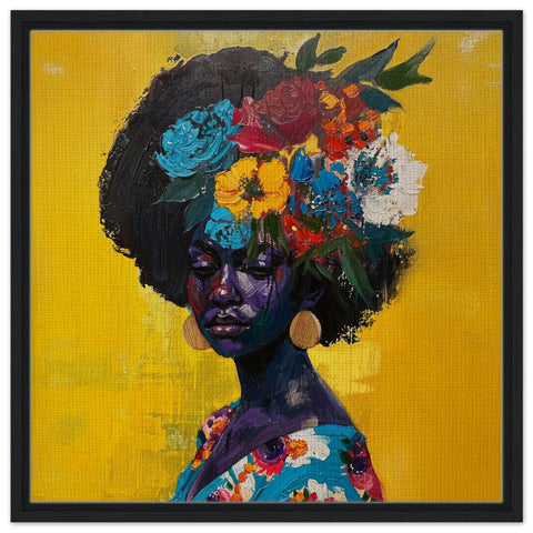 Ultra fine art on canvas showcasing a woman from a three-quarter perspective, her afro adorned with a colorful flower bouquet. Dressed in a floral-patterned dress, she sits against a vivid yellow backdrop, creating a harmonious, cheerful atmosphere that emphasizes her connection to nature and beauty