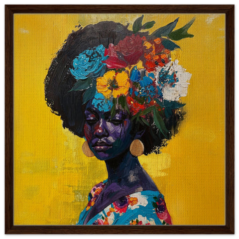 Ultra fine art on canvas showcasing a woman from a three-quarter perspective, her afro adorned with a colorful flower bouquet. Dressed in a floral-patterned dress, she sits against a vivid yellow backdrop, creating a harmonious, cheerful atmosphere that emphasizes her connection to nature and beauty