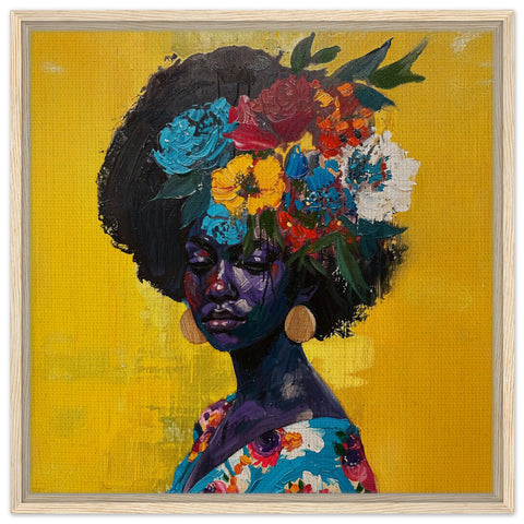 Ultra fine art on canvas showcasing a woman from a three-quarter perspective, her afro adorned with a colorful flower bouquet. Dressed in a floral-patterned dress, she sits against a vivid yellow backdrop, creating a harmonious, cheerful atmosphere that emphasizes her connection to nature and beauty