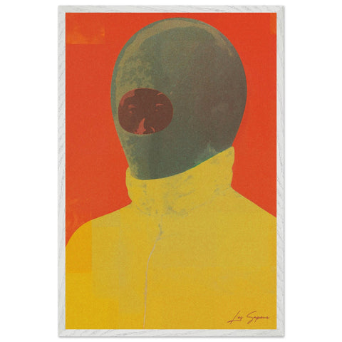 Fine art depiction using four distinct shapes to represent a person in a yellow shirt and balaclava against a vivid red background, embodying minimalistic design and bold expression.