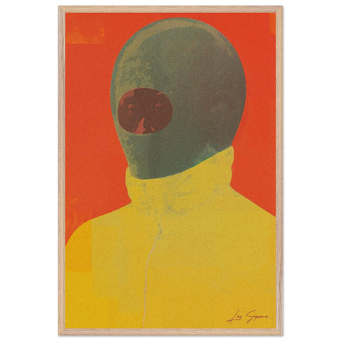 Fine art depiction using four distinct shapes to represent a person in a yellow shirt and balaclava against a vivid red background, embodying minimalistic design and bold expression.