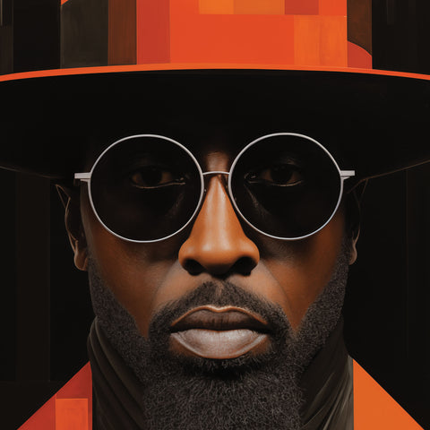 Fine art close-up headshot of a man known as the Jazz King, wearing a striking orange top hat and matching suit jacket. His large dark-tinted circular sunglasses, beard, and black neck scarf add to his distinctive, charismatic look. Set against a solid black background, the image radiates the cool, confident vibe of jazz culture.