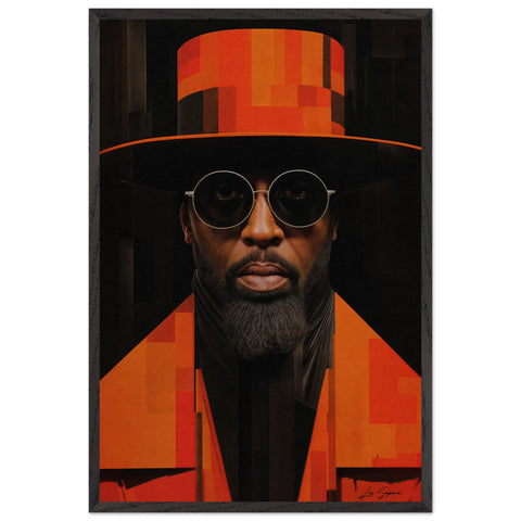 Fine art close-up headshot of a man known as the Jazz King, wearing a striking orange top hat and matching suit jacket. His large dark-tinted circular sunglasses, beard, and black neck scarf add to his distinctive, charismatic look. Set against a solid black background, the image radiates the cool, confident vibe of jazz culture.