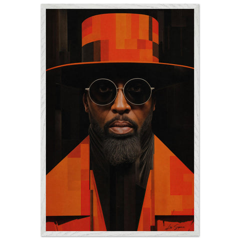 Fine art close-up headshot of a man known as the Jazz King, wearing a striking orange top hat and matching suit jacket. His large dark-tinted circular sunglasses, beard, and black neck scarf add to his distinctive, charismatic look. Set against a solid black background, the image radiates the cool, confident vibe of jazz culture.