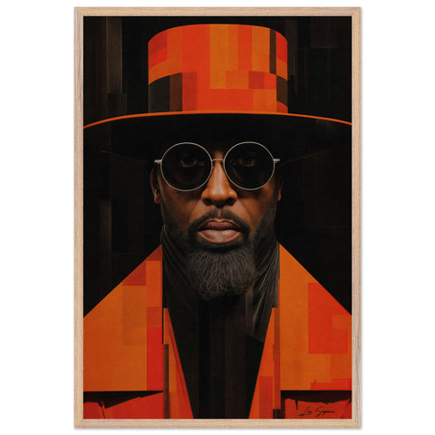 Fine art close-up headshot of a man known as the Jazz King, wearing a striking orange top hat and matching suit jacket. His large dark-tinted circular sunglasses, beard, and black neck scarf add to his distinctive, charismatic look. Set against a solid black background, the image radiates the cool, confident vibe of jazz culture.