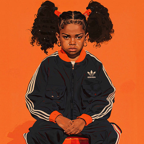 Fine art print of young Lenox girl  wearing a matching black and white striped Adidas tracksuit, sitting casually with crisp white Adidas shoes. Her curly hair is in two pigtails adding character composition, complementing her relaxed yet confident pose. The backdrop is solid orange. 