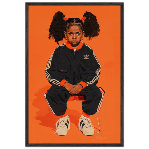 Fine art print of young Lenox girl  wearing a matching black and white striped Adidas tracksuit, sitting casually with crisp white Adidas shoes. Her curly hair is in two pigtails adding character composition, complementing her relaxed yet confident pose. The backdrop is solid orange. 