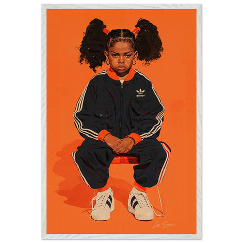 Fine art print of young Lenox girl  wearing a matching black and white striped Adidas tracksuit, sitting casually with crisp white Adidas shoes. Her curly hair is in two pigtails adding character composition, complementing her relaxed yet confident pose. The backdrop is solid orange. 