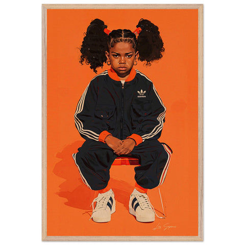 Fine art print of young Lenox girl  wearing a matching black and white striped Adidas tracksuit, sitting casually with crisp white Adidas shoes. Her curly hair is in two pigtails adding character composition, complementing her relaxed yet confident pose. The backdrop is solid orange. 