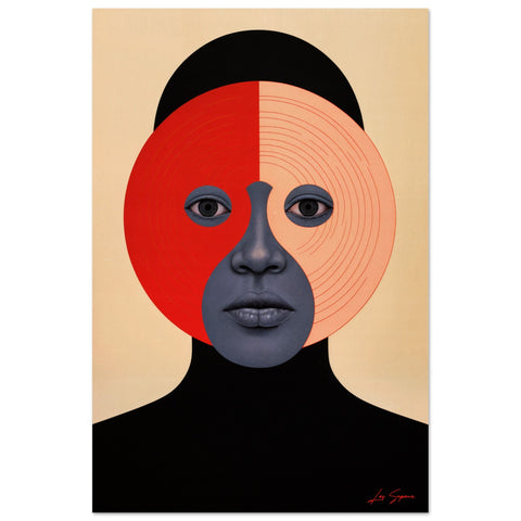 Poster featuring an abstract face created by a central circle divided into colored thirds with black borders. The face, crafted in red, white, and blue, gazes seriously at the viewer, with the bold colors and geometric design enhancing the intensity of the expression.