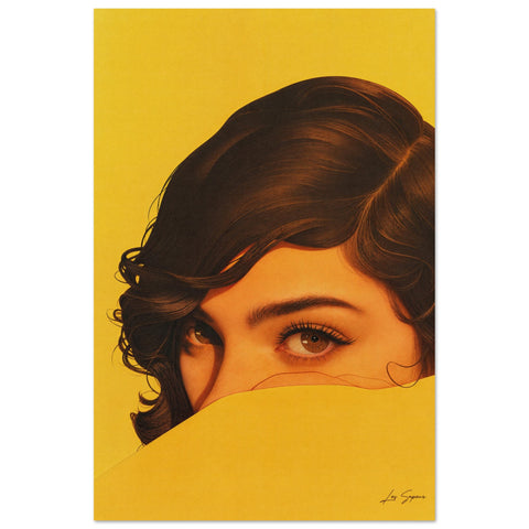 Poster in a vivid orange color palette, featuring a close-up of a woman's face, her piercing gaze directed at the viewer, with the lower half of her face obscured by an unseen object.