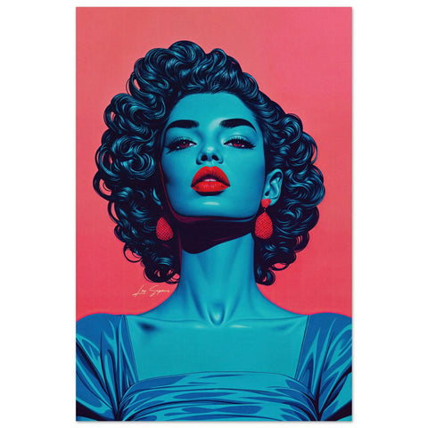 Digital art poster of the upper frame woman gazing directly at the viewer, illuminated by solid blue light and hues that contrast sharply with a vibrant neon pink background. She wears statement earrings and bold red lipstick, adding elegance to the striking color palette.