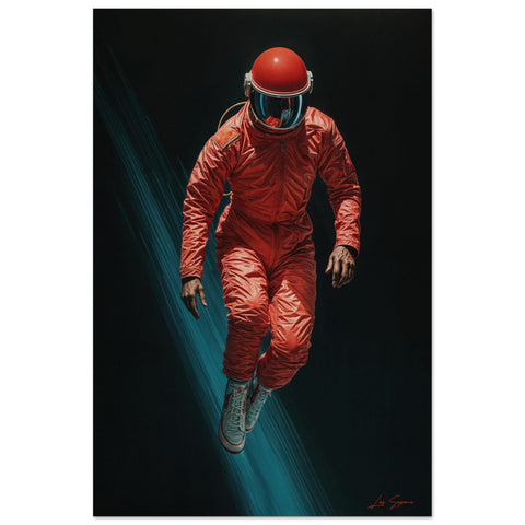 Poster of an astronaut in a fully red suit floating toward the viewer, suspended in the black expanse of space. A powerful sunbeam shines behind the astronaut, casting a dramatic glow and highlighting the figure against the infinite darkness of space