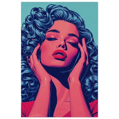 Digital art retro-themed poster of a woman resting her face in her hands, with neon blue tones highlighting her hair and background. Her makeup, clothing, and body feature vibrant pink and red hues, creating a bold and contrasting color scheme.