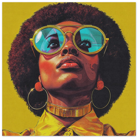 Poster of a headshot of a Black woman wearing large circular blue-tinted sunglasses, paired with a yellow collared shirt. Her afro is bold and full, complemented by hoop earrings, all set against a solid yellow background that enhances the vibrant, energetic vibe of the image.