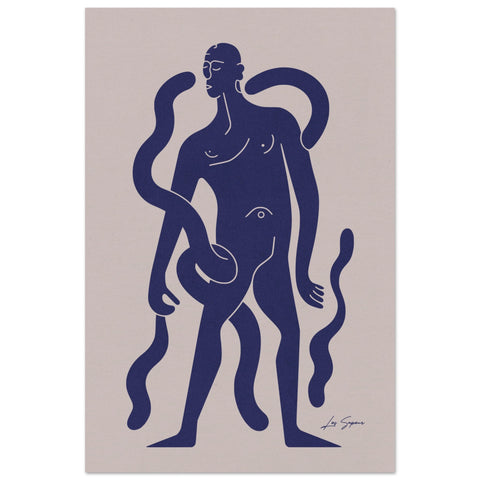 Poster featuring an all-blue figure of a man standing confidently amidst intertwining, slithering blue lines and serpent-like forms. The crisp white background accentuates the surreal and fluid design.