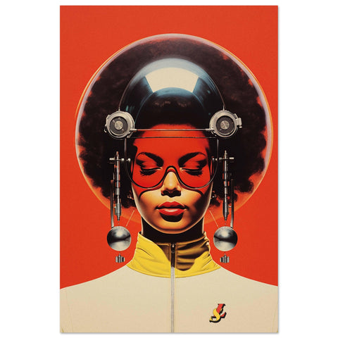 Poster of a woman wearing futuristic headgear and a red visor that still reveals her face. She dons a yellow garment, set against a bold red-orange solid background. With her eyes wide shut, she focuses deeply on her inner thoughts, creating an aura of introspection and futuristic style.