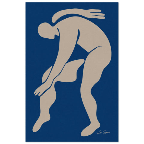 Poster featuring the silhouette of an all-white human figure, depicting a man bent gracefully in a dynamic dancing pose. The figure contrasts against a solid blue background, emphasizing movement and form.
