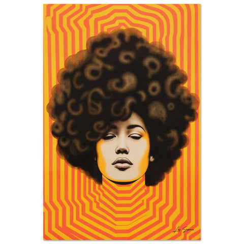 Digital art poster depicting a woman’s face and head in a blissful, euphoric expression framed by vibrant orange ripple textures, emphasizing the head and face without neck or shoulders