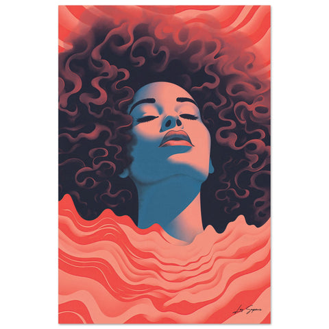 Digital art poster depicting a woman’s face and head in a blissful, euphoric expression framed by bold red wave-like patterns, emphasizing the head and face without neck or shoulders