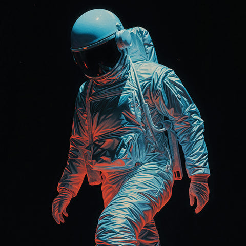 Poster of an astronaut in a fully white suit, wearing Timberland-like boots, suspended against a black background. Soft pink and blue lights bathe the astronaut, creating an ethereal glow that contrasts with the deep darkness of space.