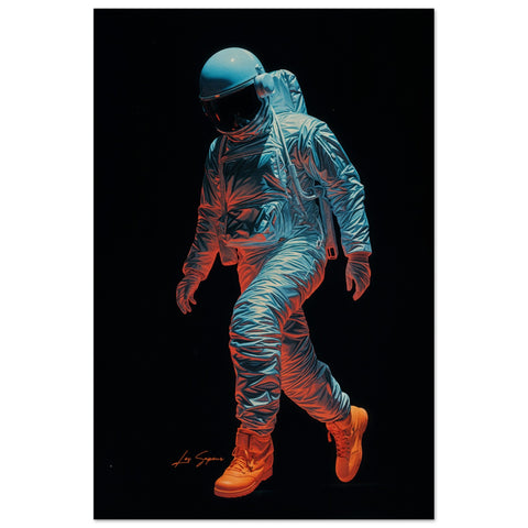 Poster of an astronaut in a fully white suit, wearing Timberland-like boots, suspended against a black background. Soft pink and blue lights bathe the astronaut, creating an ethereal glow that contrasts with the deep darkness of space.