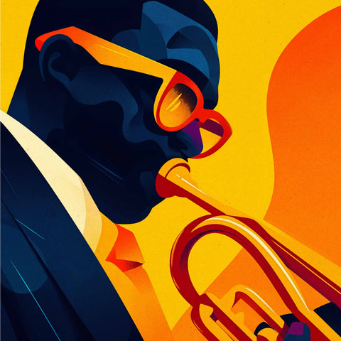 Fine art depiction of a jazz man playing the trumpet in a ¾ view, wearing orange sunglasses that match his tie, shirt, and the trumpet’s hue. The sharp contrast between the bright orange and his dark navy suit creates a dynamic visual, with the solid backdrop color adding depth and focus to his vibrant ensemble.