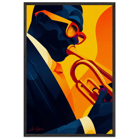 Fine art depiction of a jazz man playing the trumpet in a ¾ view, wearing orange sunglasses that match his tie, shirt, and the trumpet’s hue. The sharp contrast between the bright orange and his dark navy suit creates a dynamic visual, with the solid backdrop color adding depth and focus to his vibrant ensemble.-472d-b5be-743f3fb6041f