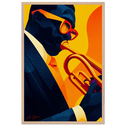 Fine art depiction of a jazz man playing the trumpet in a ¾ view, wearing orange sunglasses that match his tie, shirt, and the trumpet’s hue. The sharp contrast between the bright orange and his dark navy suit creates a dynamic visual, with the solid backdrop color adding depth and focus to his vibrant ensemble.