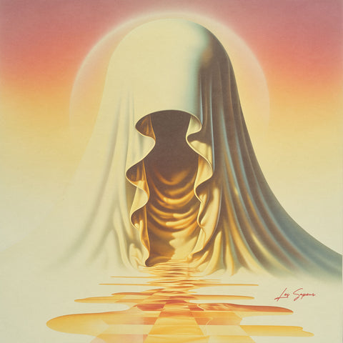 Fine art print of an abstract hooded figure bathed in golden light, gazing over pools of shimmering gold light and water. The scene is set against a gradient background transitioning from soft pink to radiant gold, creating a mythical and majestic atmosphere.