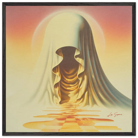 Fine art print of an abstract hooded figure bathed in golden light, gazing over pools of shimmering gold light and water. The scene is set against a gradient background transitioning from soft pink to radiant gold, creating a mythical and majestic atmosphere.