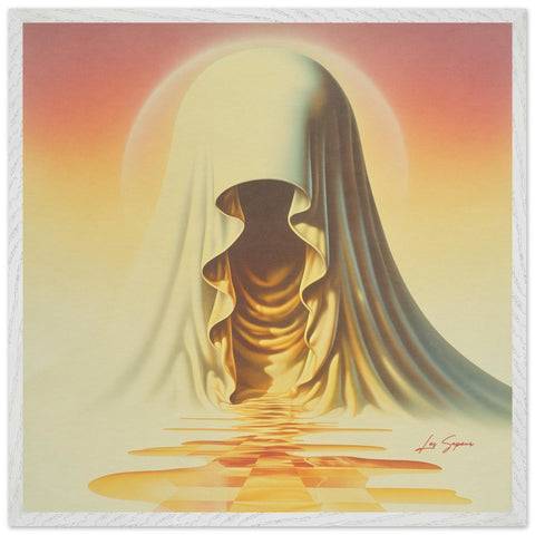 Fine art print of an abstract hooded figure bathed in golden light, gazing over pools of shimmering gold light and water. The scene is set against a gradient background transitioning from soft pink to radiant gold, creating a mythical and majestic atmosphere.