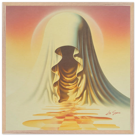 Fine art print of an abstract hooded figure bathed in golden light, gazing over pools of shimmering gold light and water. The scene is set against a gradient background transitioning from soft pink to radiant gold, creating a mythical and majestic atmosphere.