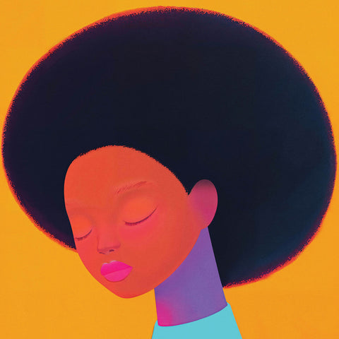 Contemporary digital art portrait of a woman with an afro, her eyes gently closed in a moment of peace. The warm yellow-orange background contrasts beautifully with the soft, reflective purple and red hues illuminating her features.