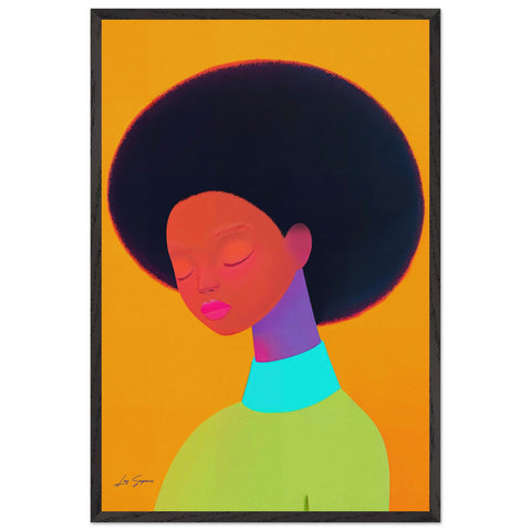 Contemporary digital art portrait of a woman with an afro, her eyes gently closed in a moment of peace. The warm yellow-orange background contrasts beautifully with the soft, reflective purple and red hues illuminating her features.