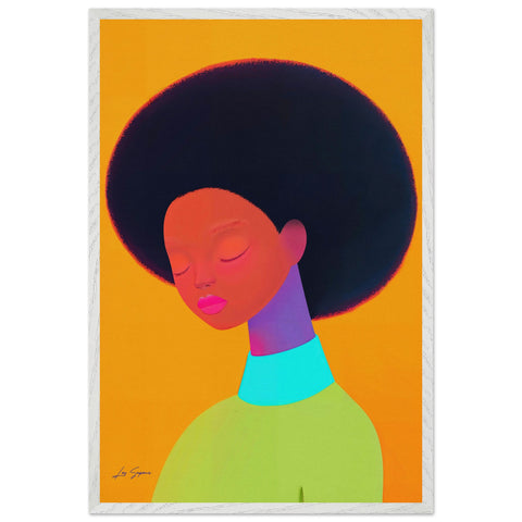 Contemporary digital art portrait of a woman with an afro, her eyes gently closed in a moment of peace. The warm yellow-orange background contrasts beautifully with the soft, reflective purple and red hues illuminating her features.