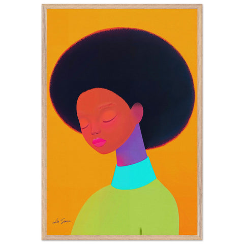 Contemporary digital art portrait of a woman with an afro, her eyes gently closed in a moment of peace. The warm yellow-orange background contrasts beautifully with the soft, reflective purple and red hues illuminating her features.